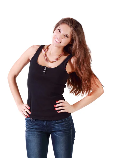 Beautiful brunette girl smiles and puts her hands on her waist i — Stock Photo, Image