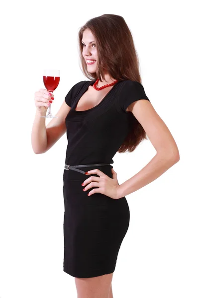 Beautiful smiling girl holds glass of red wine isolated on white — Stock Photo, Image