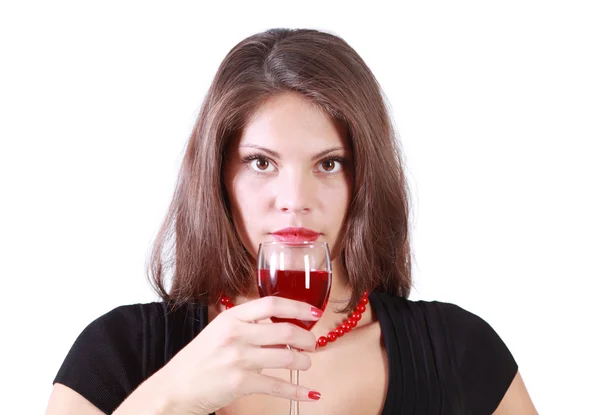 Beautiful girl holds glass of red wine and prepared to drink iso — Stock Photo, Image