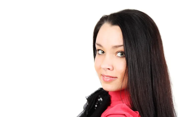 Joven chica usando rojo camisa sonrisas aislado en whire fondo —  Fotos de Stock