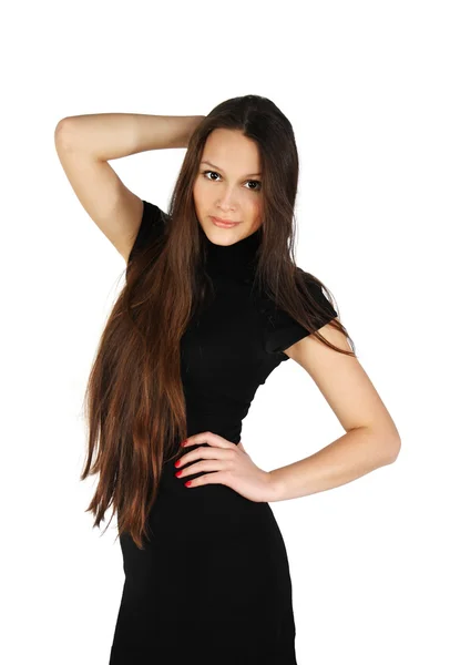 Beautiful girl wearing black dress smiles isolated on white back — Stock Photo, Image