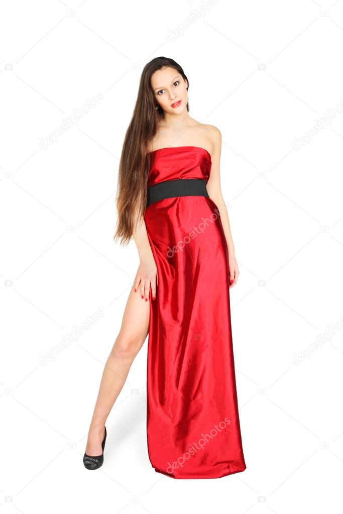 Cute girl wearing long red dress stand isolated on white backgro Stock ...