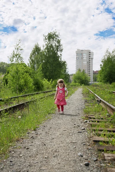 Little cute girl in pink dress walks at railway at sunny summer — Stock Photo, Image