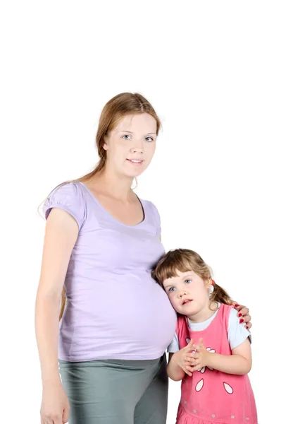 Little cute girl listens to stomach of pregnant mother isolated — Stock Photo, Image