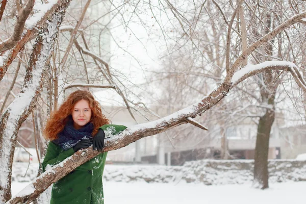 Hübsches Mädchen in blauem Schal klammert sich am Wintertag im Freien an einen Baum — Stockfoto