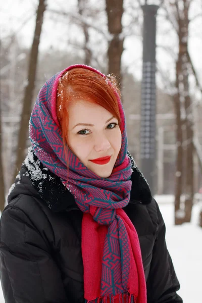 Beautiful girl in red kerchief smiles outdoor at winter day in p — Stock Photo, Image