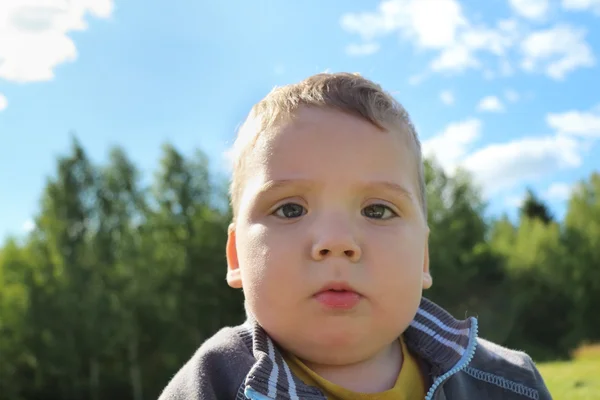 Маленький милий хлопчик дивиться на камеру на відкритому повітрі в сонячний літній день — стокове фото