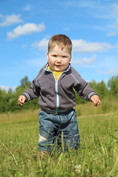 Little handsome boy goes at green meadow in summer sunny day — Stock Photo, Image