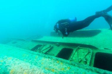Munising Michigan, ABD - 13 Ağustos 2021: Grand Island Limanı Körfezi 'nde bir gemi enkazı keşfeden dalgıç