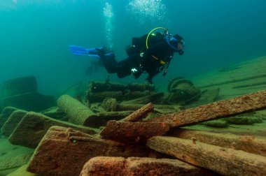 Munising, MI - 14 Ağustos 2021: SCUBA dalgıcı ahşap buharlı gemi enkazını keşfediyor