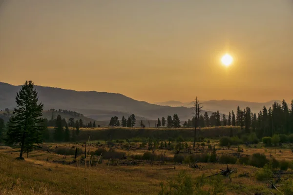 Пейзаж в Йеллоустонском национальном парке во время восхода солнца с дымом от лесных пожаров на заднем плане — стоковое фото