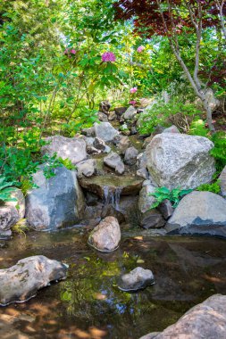 Beautiful small waterfall in a japanese style garden