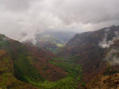 Waimea Kanyonu Eyalet Parkı 'na bakan bulutlu bir günde, Kauai, Hawaii, ABD