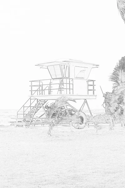 ภาพวาดดินสอของหอคอยไลฟ์การ์ด ภายใต้ท้องฟ้าเมฆบนชายหาดลิเดเกทบนคาไว — ภาพถ่ายสต็อก