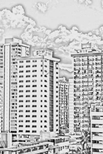 Honolulu, Hawaii - May 02, 2015: Pencil drawing of skyscrapers in downtown Honolulu — Stock Photo, Image