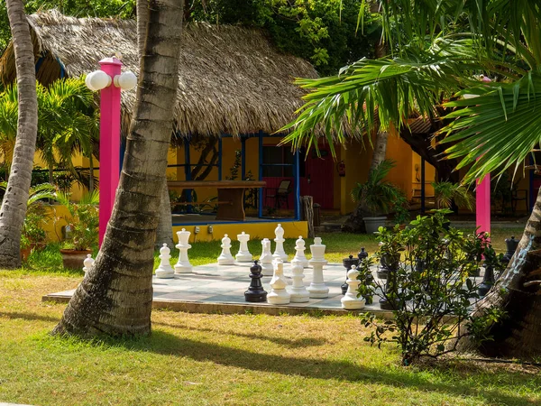 Schackbräde och schackpjäser på tropisk resort gräsmatta — Stockfoto