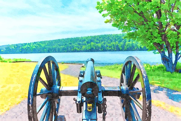 Digitally Created Watercolor Painting Historic Black Powder Cannon Standing Guard — Stock Photo, Image