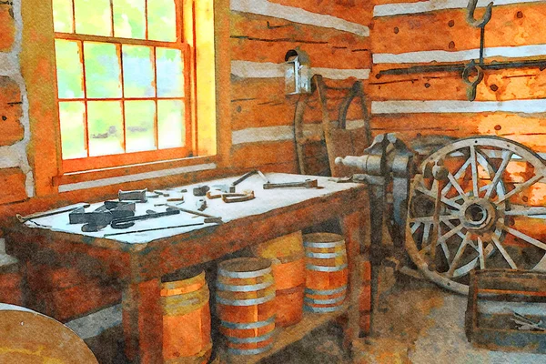 Digitally Created Watercolor Painting Historic Blacksmith Shop Tools Workbench — 图库照片