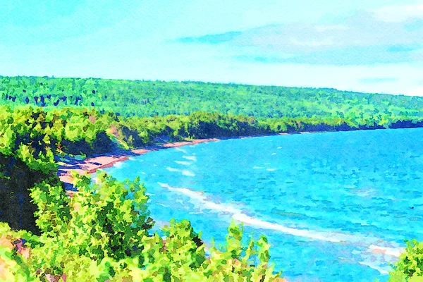 Digitally created watercolor painting of Great Sand Bay and beach on a sunny day. Great Sand Bay is located on Lake Superior Michigan in the Keweenaw Peninsula.