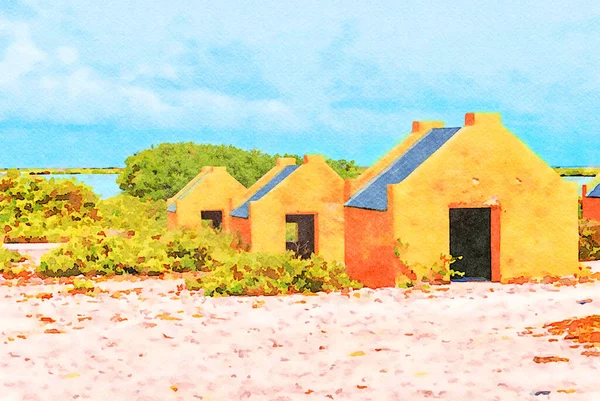 Digitally Created Watercolor Painting Historic Red Slave Huts Bonaire Caribbean — ストック写真