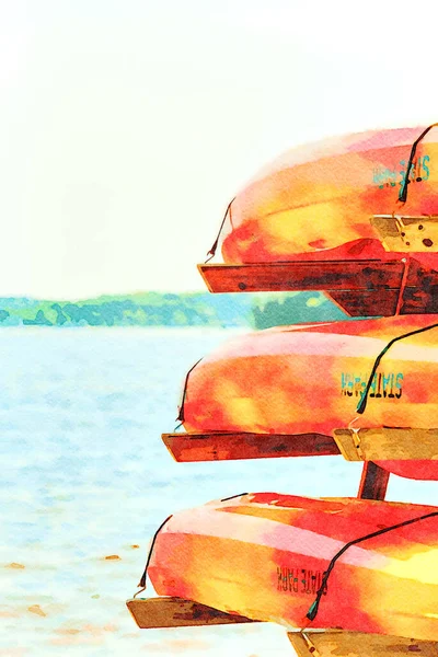 Digitally Created Watercolor Painting Kayaks Stored Sunny Beach Ludington State — Zdjęcie stockowe