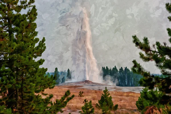Digitally Created Watercolor Painting Old Faithful Framed Pine Trees Smoke — 스톡 사진