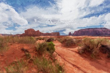 Digitally created watercolor painting of a desert dirt road through in Monument Valley. High quality illustration