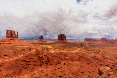 Digitally created watercolor painting of East and West Mitten Buttes at Monument Valley. High quality illustration