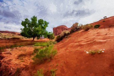 Digitally created watercolor painting of a desert oasis with lush green tree in Monument Valley Utah. High quality illustration