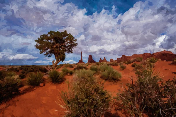 Digitally created watercolor painting of amazing sandstone formations Totem pole and sand dunes, Monument Valley, Arizona, USA. High quality illustration