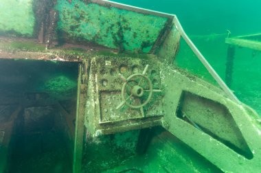 Ottawa OH - August 3rd 2022: Underwater shipwreck Wreck of a recreational speed boat scuttled in a quarry now used as a scuba diving site.