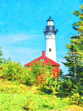 Dijital olarak Michigan deniz fenerinin suluboya resmini yaptı. Mavi gökyüzü olan bir tepedeki Au Sable. Yüksek kaliteli illüstrasyon