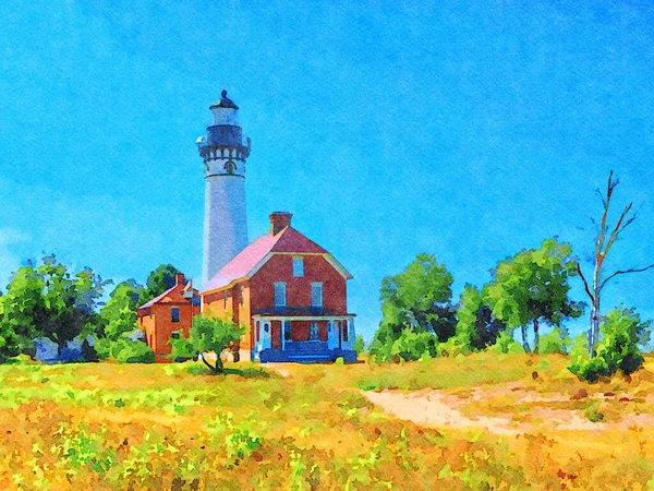 Pintura Acuarela Creada Digitalmente Faro Michigan Sable Una Colina Con — Foto de Stock