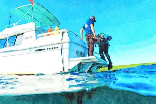 Pintura Aquarela Digitalmente Criado Barco Capitão Ajudando Mergulhador Scuba Fora — Fotografia de Stock