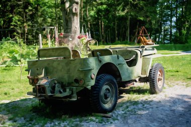 ROGERS ŞEHRİ, MI - 16 Temmuz: 2. Dünya Savaşı 'ndan kalma klasik bir Jeep Willis' in suluboya resmini dijital olarak yarattı. Yüksek kaliteli illüstrasyon