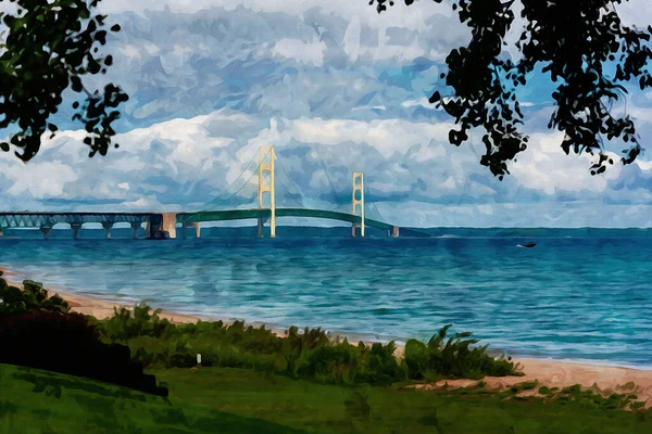 Digitalt Skapade Akvarell Målning Mackinaw Bridge Sommardag Inramad Träd Och — Stockfoto