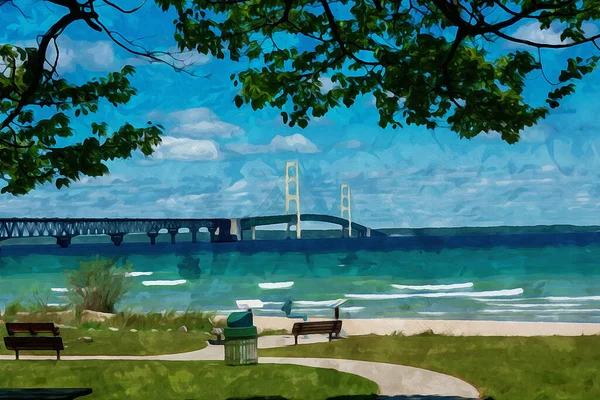 Ψηφιακά Δημιουργήθηκε Ακουαρέλα Ζωγραφική Της Γέφυρας Mackinaw Πλαισιώνεται Από Δέντρα — Φωτογραφία Αρχείου