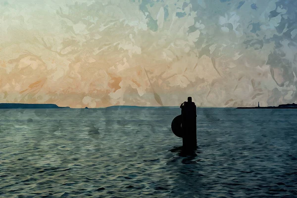 Digitally Created Watercolor Painting Mooring Pier Tire Silhouetted Straits Mackinaw — Stock Photo, Image