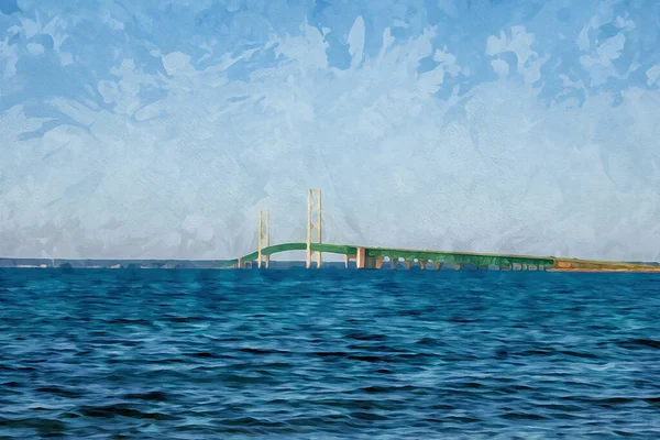 Digitalt Skapade Akvarell Målning Mackinaw Bridge Solig Dag Högkvalitativ Illustration — Stockfoto