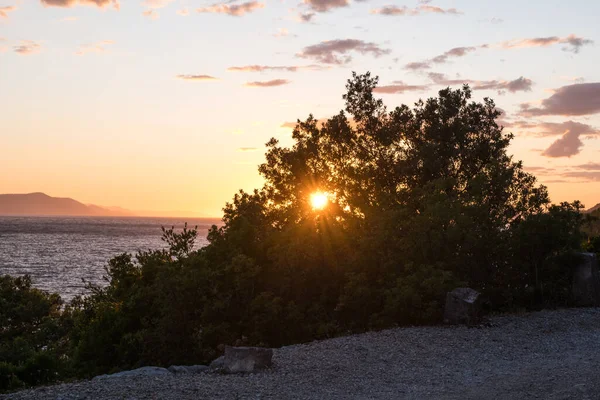 Zachód Słońca Nad Morzem Chorwacji Miejscowości Drvenik — Zdjęcie stockowe
