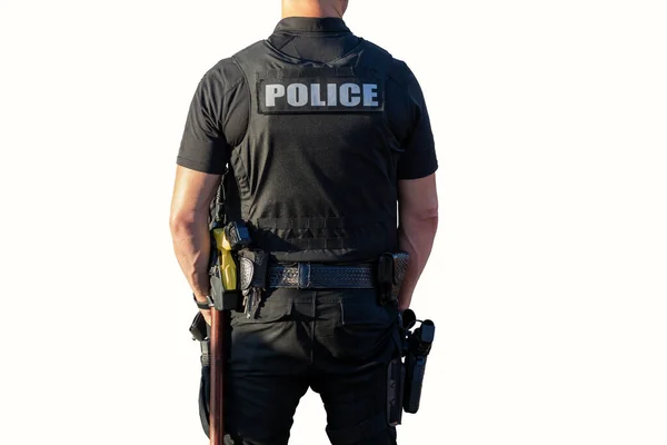 Police Officer Duty Uniform Gun Taser Back Officer Isolated White — стоковое фото
