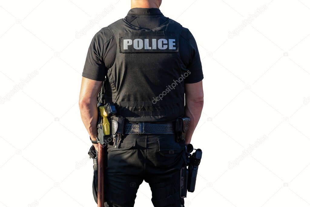 Police officer on duty in uniform with gun and taser - back of officer on isolated on white background
