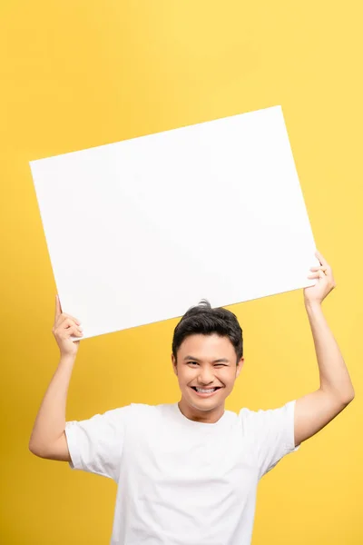 Excited Young Asian Man Holding Speech Bubble Empty Space Text — Stock Photo, Image