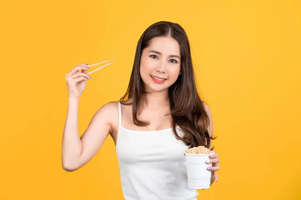 Asian Young Beautiful Woman Eating Hot Spicy Instant Noodle She — Φωτογραφία Αρχείου