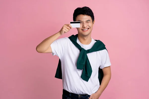 Smiling Handsome Young Man Casual Clothes Posing Alone Pink Wall — ストック写真