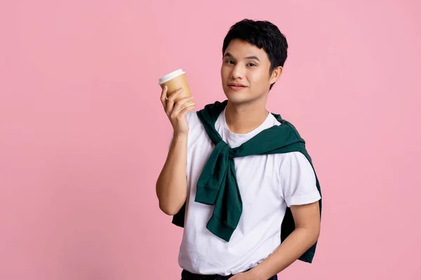 Handsome Young Man Casual Clothes Holding Coffee Cup Light Pink — ストック写真