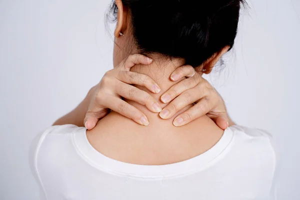 Closeup Shot Woman Back Having Neck Shoulder Pain Injury Muscle — Foto de Stock