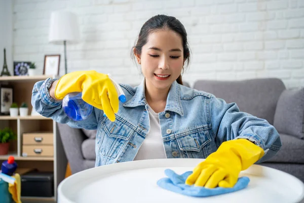 Masayı temizleyen genç bir kadın. Hayatta hijyen kavramı ve evde sağlık.