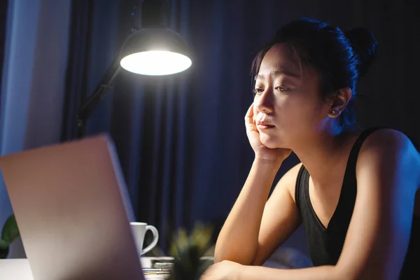 Beautiful Asian Woman Works Late Home Workplace Burnout Emotional Stress — Foto de Stock