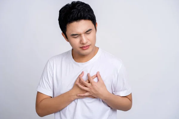 Handsome Asian Man Holding Hands Chest Suffering Heart Attack Closeup — Stock Photo, Image